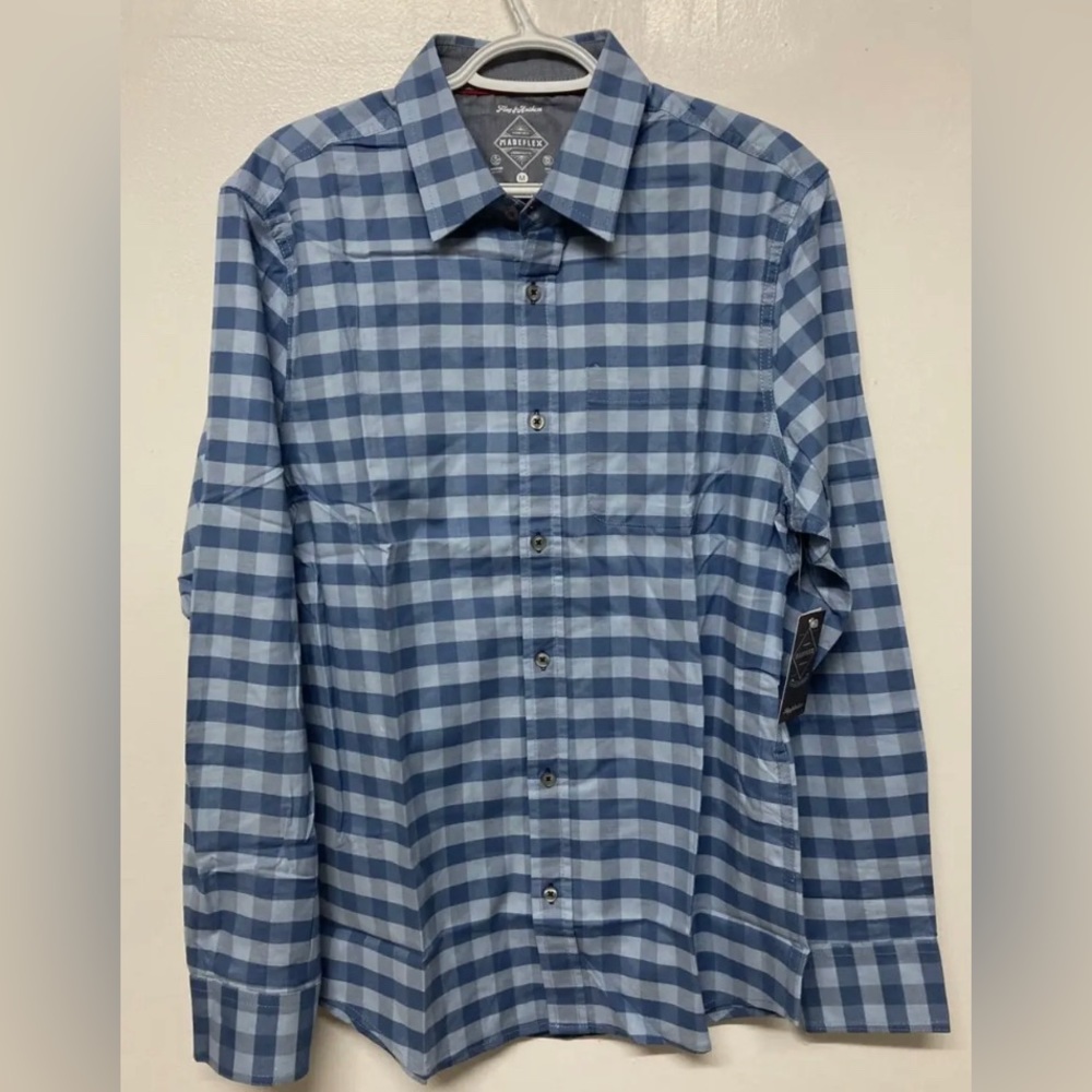 Flag & Anthem Mens Plaid Shirt Button Up Medium Light Blue Navy Light Weight NWT